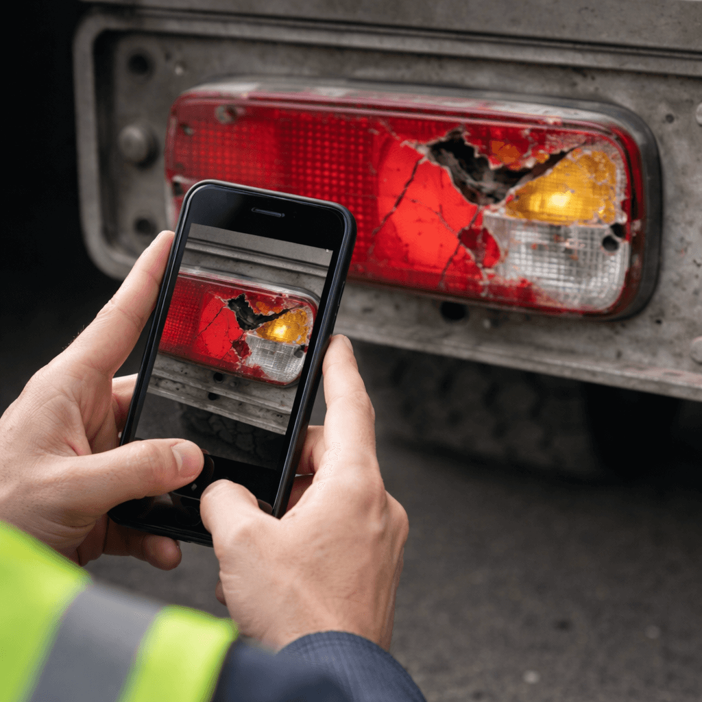 Driver taking a photo of damaged trailer light using a mobile phone during inspection
