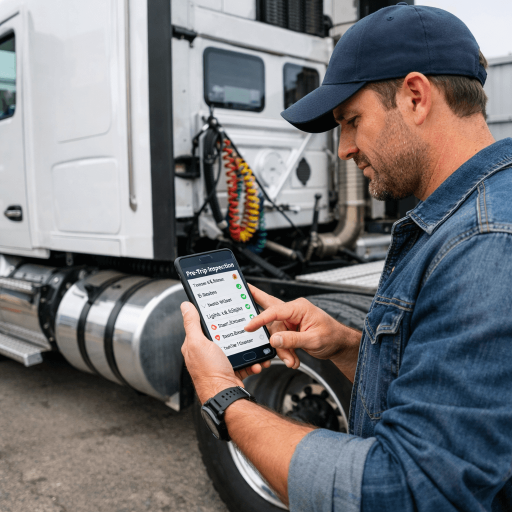 Pre-Trip Inspection DVIR Software - Driver using mobile app during truck inspection