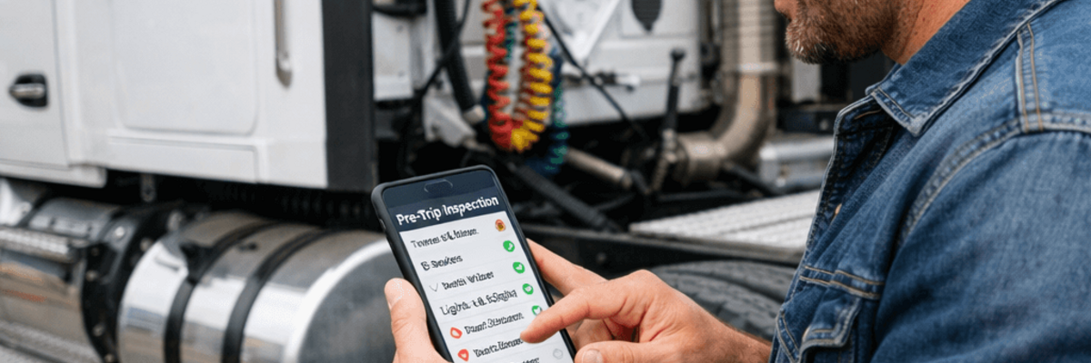 Pre-trip inspection and DVIR software: driver using electronic DVIR app during truck inspection for DOT compliance
