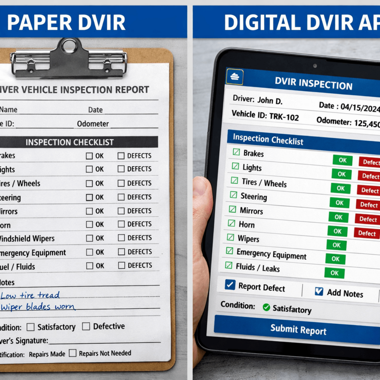 Paper DVIR checklist versus electronic DVIR app on tablet for fleet DOT compliance