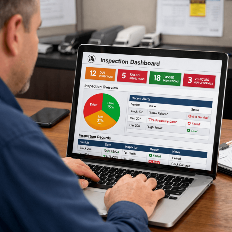 Fleet manager reviewing electronic DVIR system dashboard on laptop to ensure DOT compliance