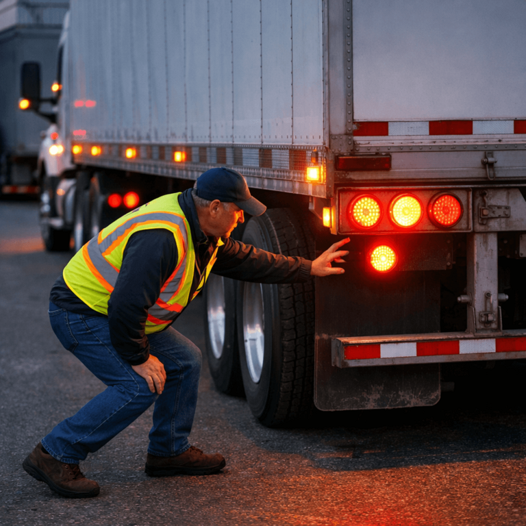 Driver performing a truck safety check as part of a pre-trip inspection