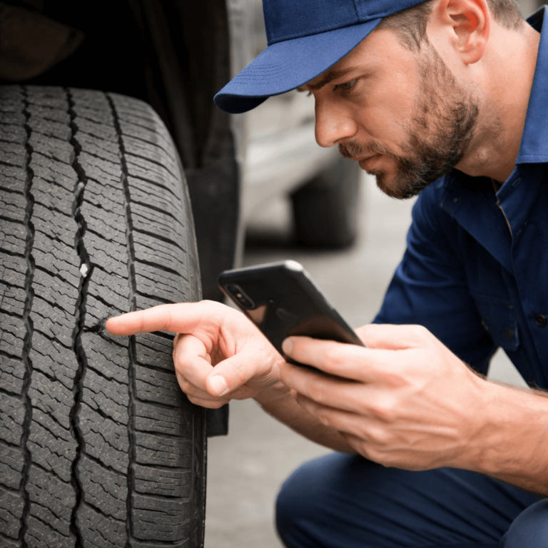 Driver documenting a cracked tire during a pre-trip inspection