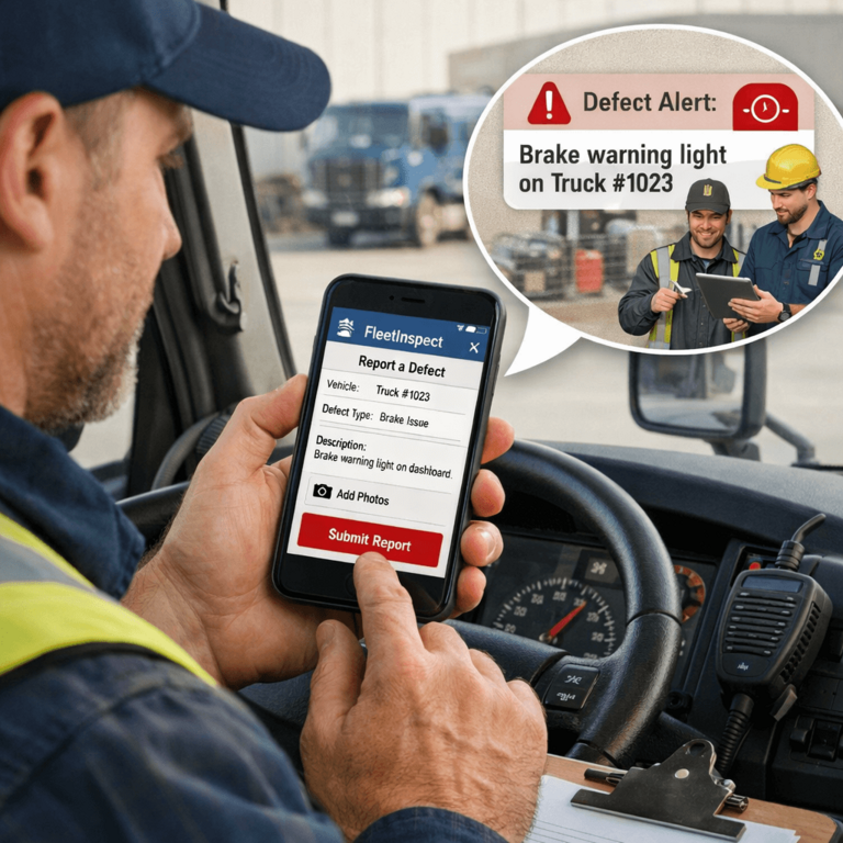 Mobile app defect reporting for a pre-trip inspection DVIR