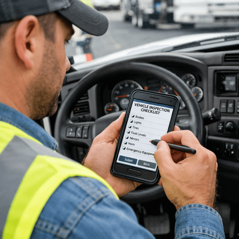 Driver completing a digital pre-trip inspection checklist on a mobile device