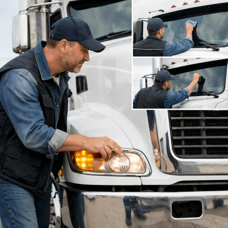 Truck safety inspection checking interior and exterior components