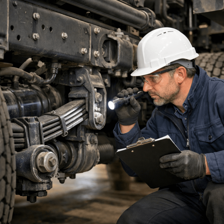 Inspector analyzing truck chassis and structural components