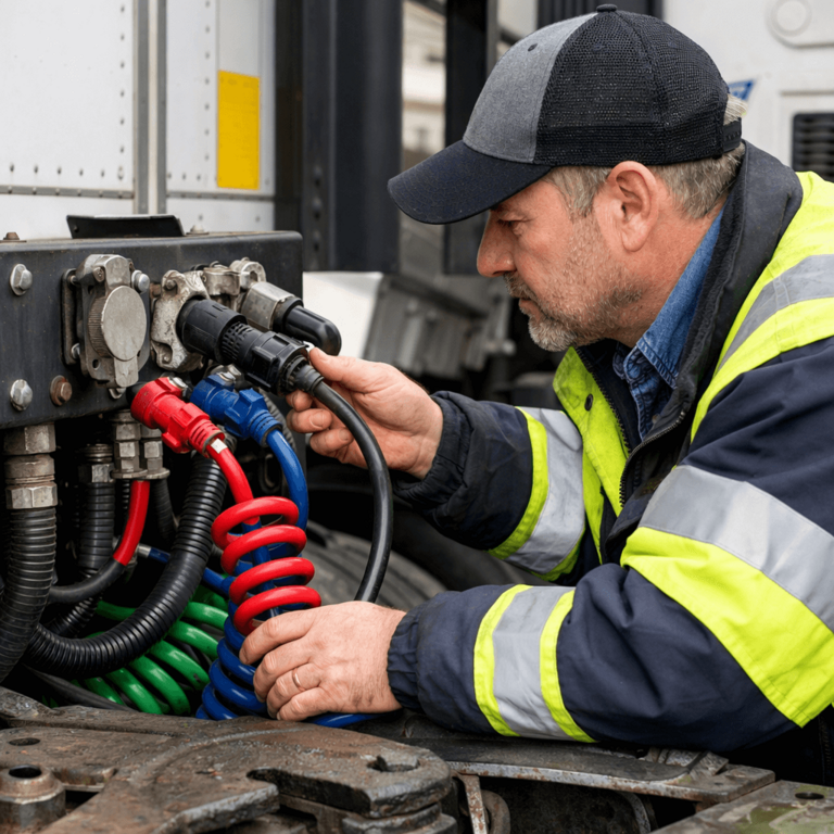 Driver inspecting trailer connections and coupling devices