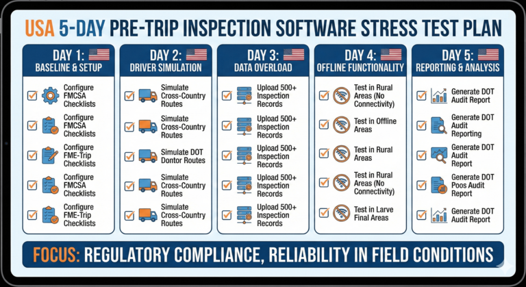 Visual checklist showing 5-day stress test plan for evaluating pre-trip inspection software