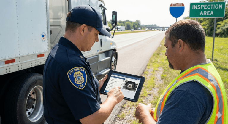 DOT officer reviewing digital inspection records with photo evidence during audit