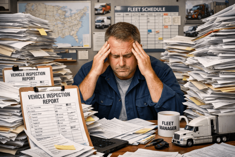 Fleet manager overwhelmed by piles of paper inspection records