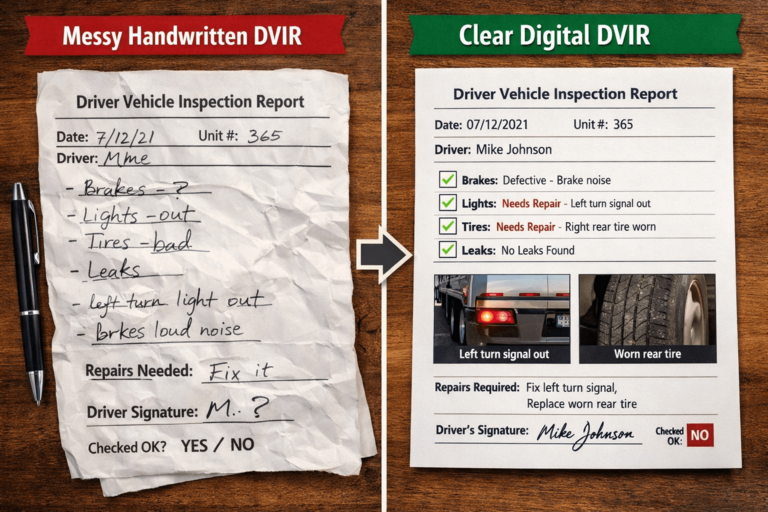 Comparison of illegible handwritten DVIR vs clean digital report with photos