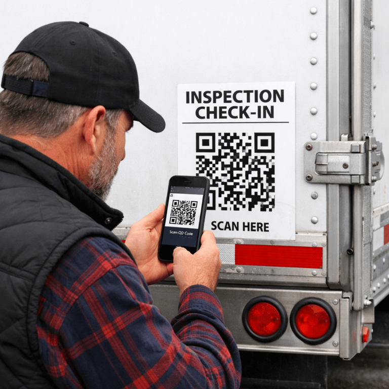Truck driver using smartphone to scan a QR code on a trailer for inspection