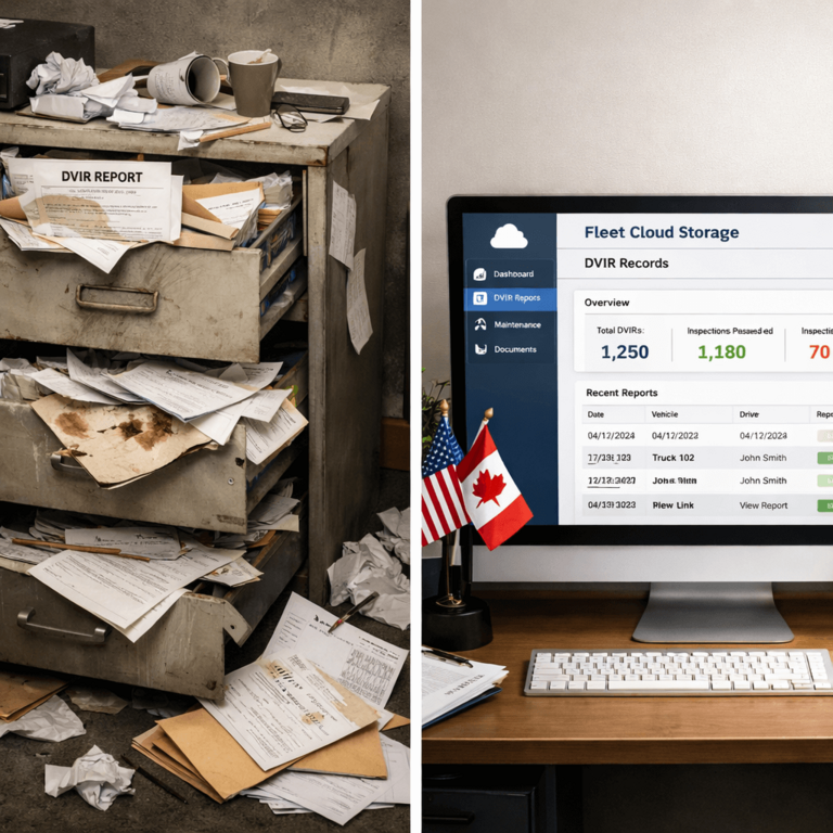 Messy filing cabinet with lost DVIR records vs clean cloud storage dashboard