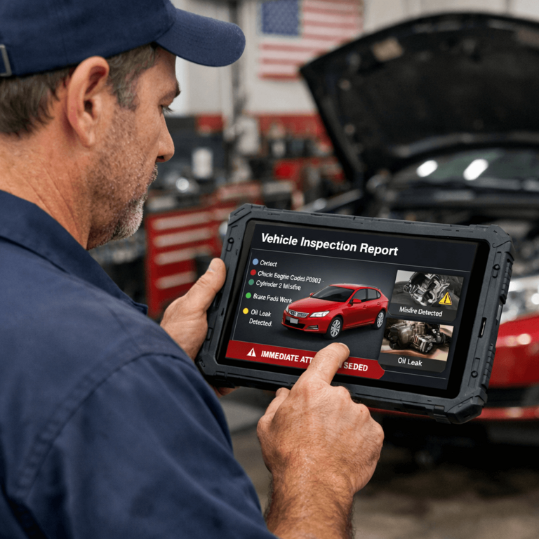 Mechanic using a rugged tablet in the shop to view defects instantly