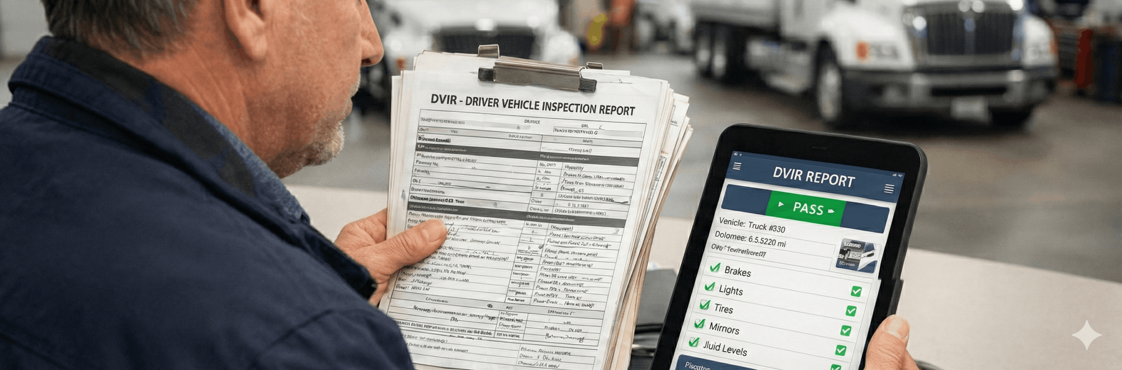 Fleet manager comparing paper dvir stack to digital dashboard tablet