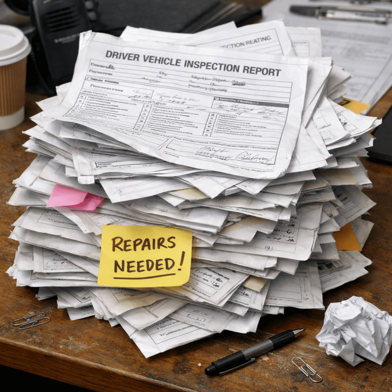 A messy stack of paper DVIR forms on a desk showing the organizational chaos