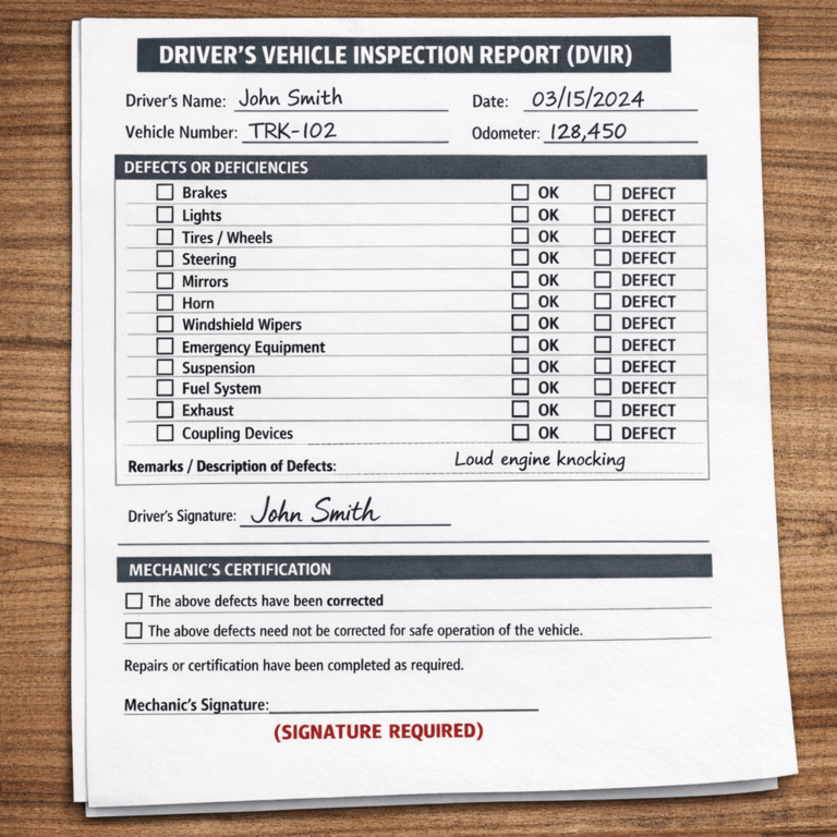 Example of a DVIR form missing the required mechanic certification signature