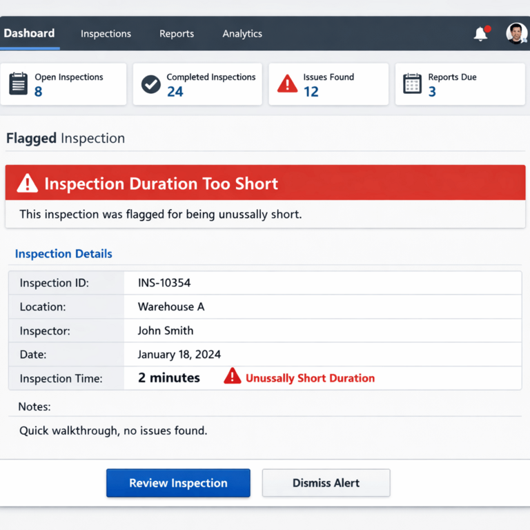 Screenshot of dashboard showing an inspection flagged for being too short
