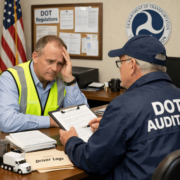 Anxious Safety Director sitting across from a DOT auditor during a compliance review