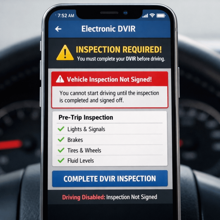 Electronic DVIR system smartphone app blocking a driver from starting until they sign the digital pre trip inspection