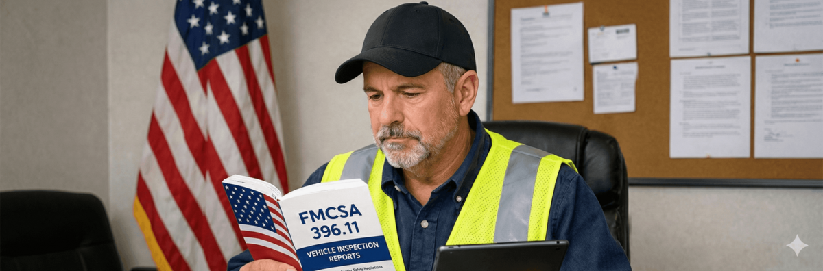 Safety Director looking at an FMCSA 396.11 regulation handbook and a digital tablet