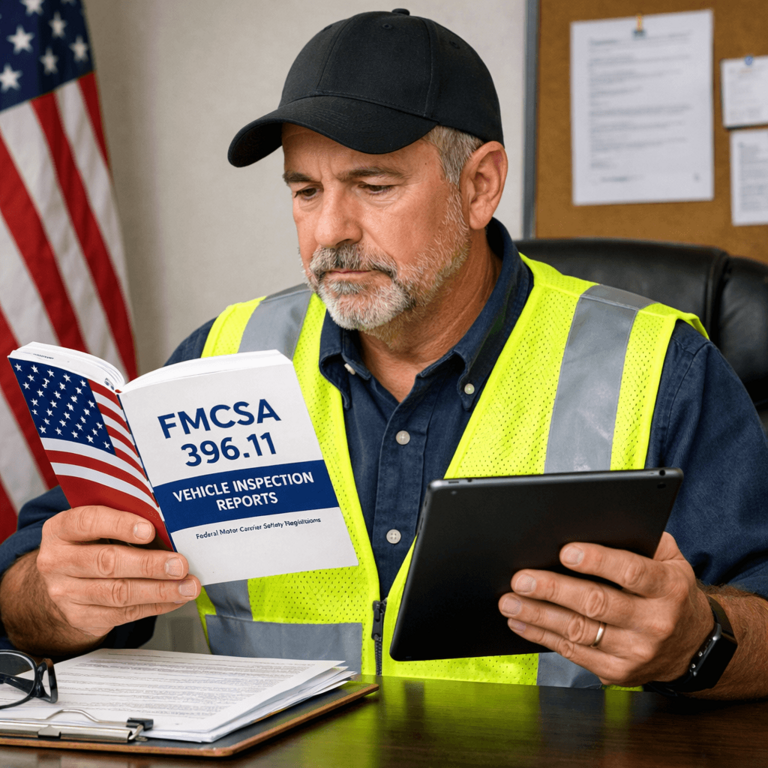 Safety Director looking at an FMCSA 396.11 regulation handbook and a digital tablet