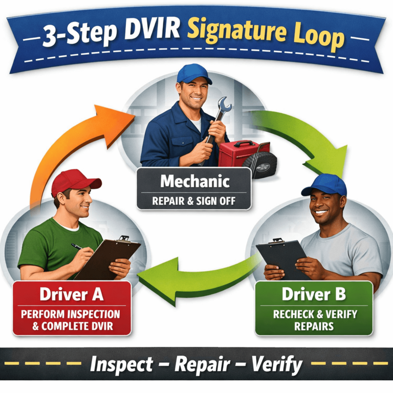 Diagram showing the 3-step DVIR signature loop: Driver A, Mechanic, and Driver B