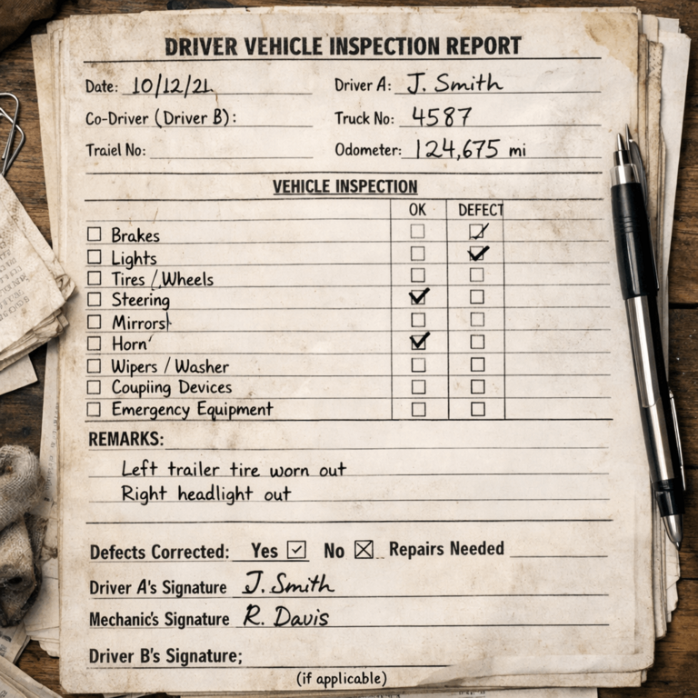 A messy paper DVIR logbook showing a blank space where Driver B's signature should be