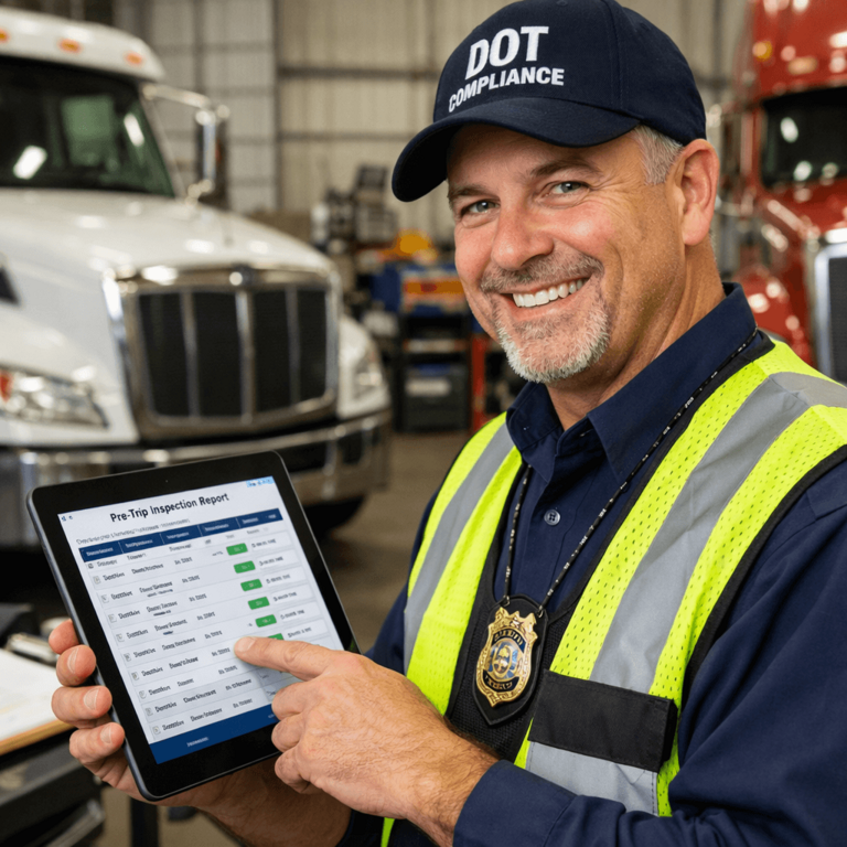A DOT compliance officer smiling while easily reviewing organized digital pre trip inspection records on a tablet during a fleet audit