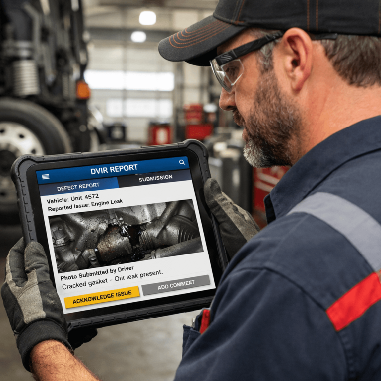 Diesel mechanic in a shop holding a rugged tablet, viewing a high-resolution photo of an engine defect submitted via an electronic DVIR app