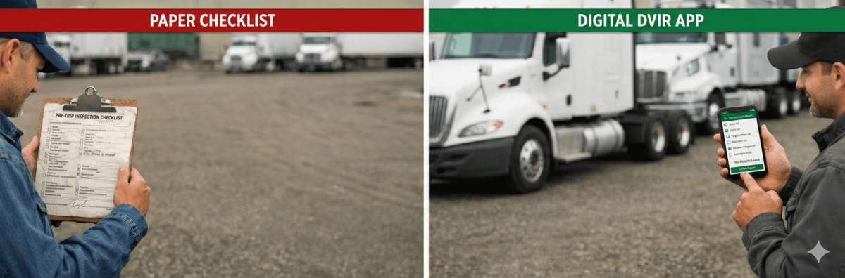 A side-by-side comparison of a wet paper pre-trip inspection checklist and a clean electronic DVIR smartphone app