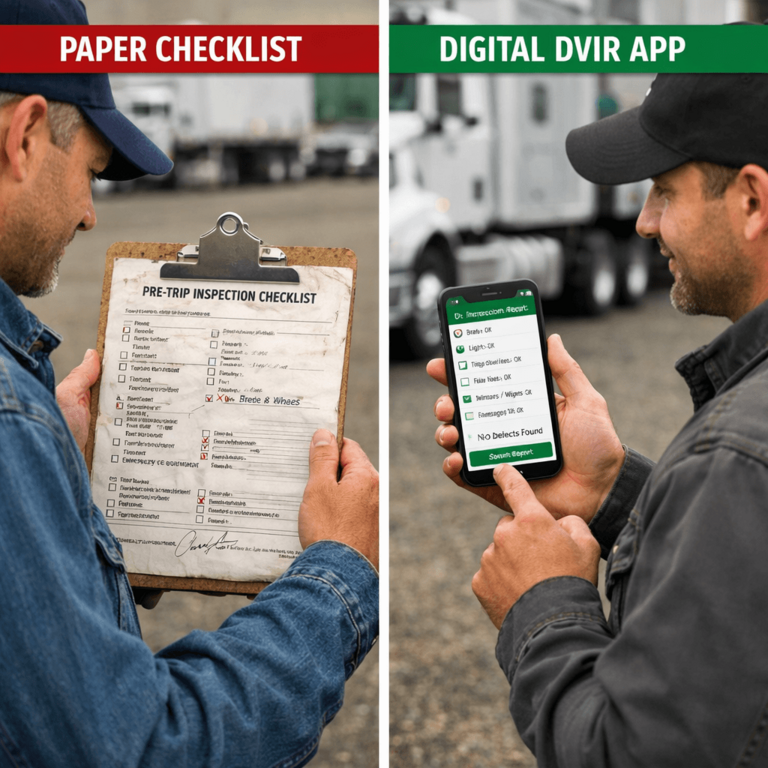 A side-by-side comparison of a wet paper pre-trip inspection checklist and a clean electronic DVIR smartphone app