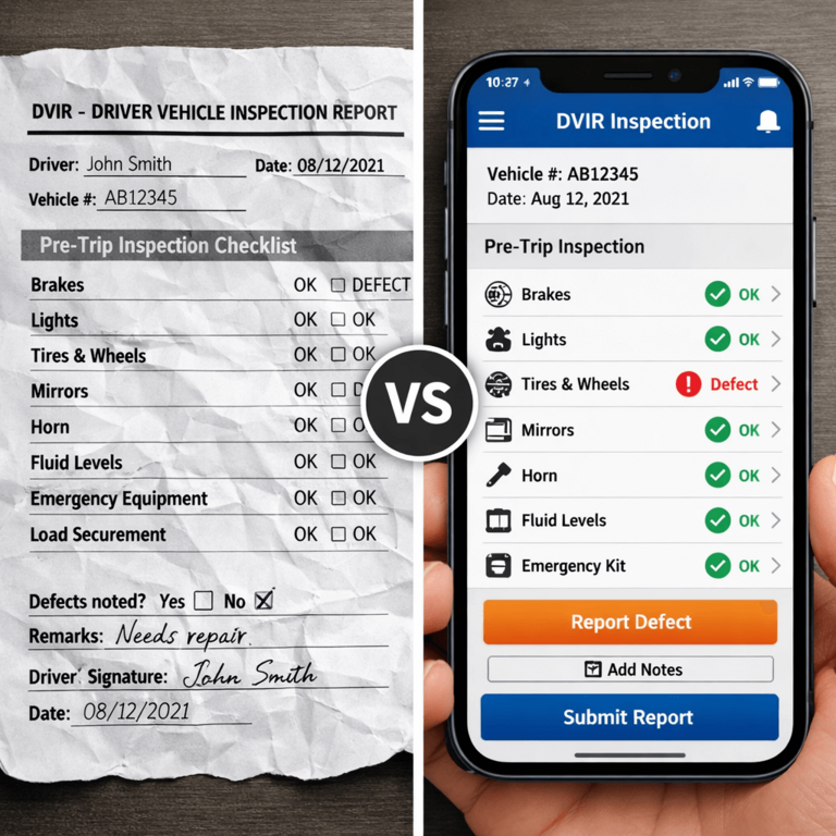 Split screen comparison: Crumpled PDF paper checklist vs a modern electronic DVIR smartphone app interface