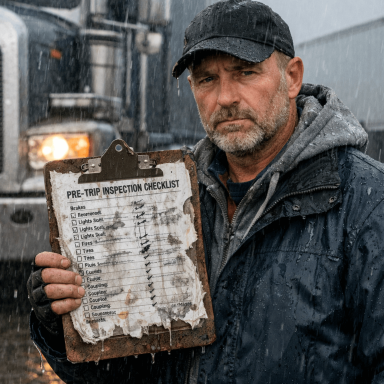 A truck driver standing in the rain holding a ruined, wet paper pre-trip inspection checklist on a clipboard
