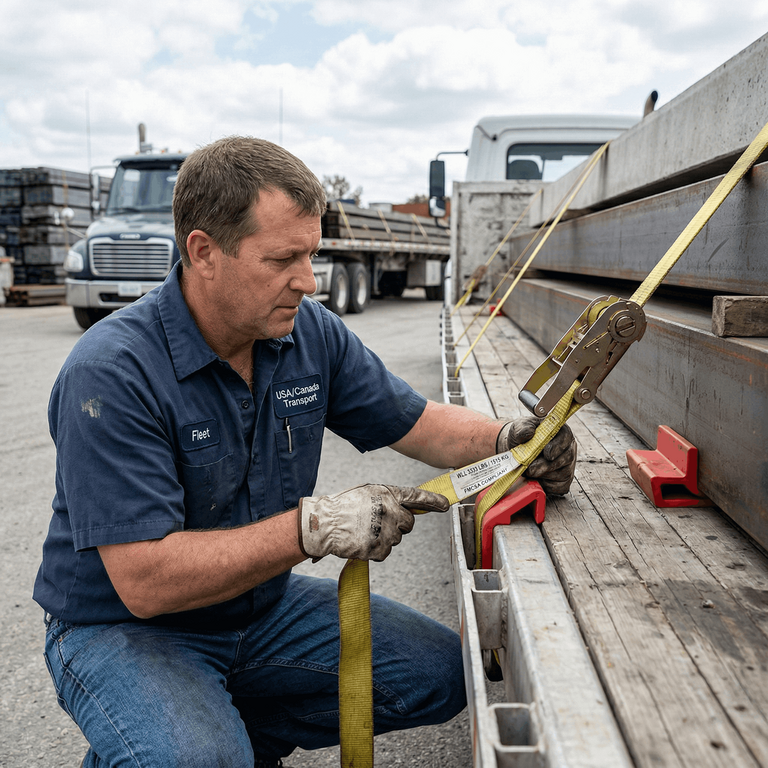 A flatbed truck driver verifying the Working Load Limit and edge protectors on cargo straps to meet FMCSA securement rules