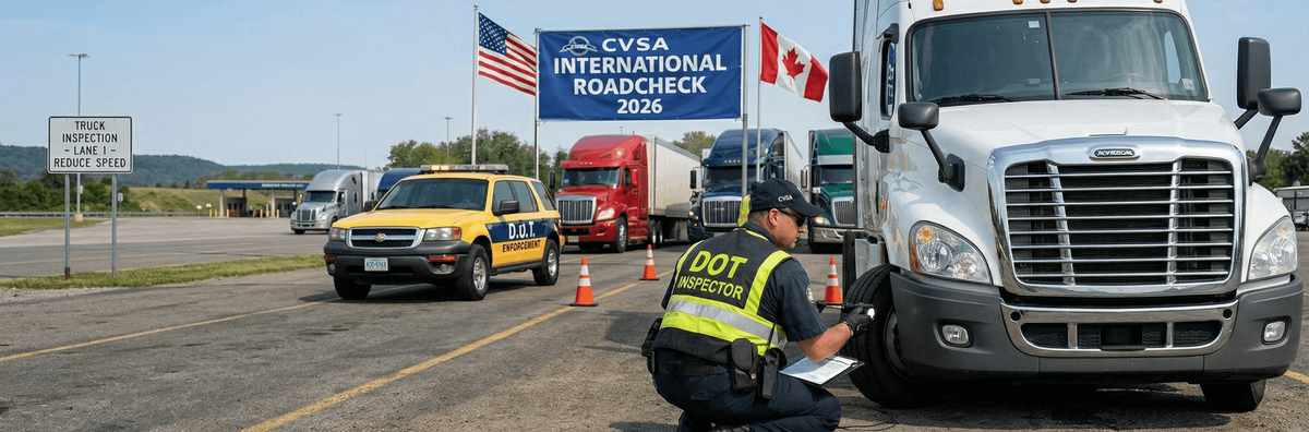 A DOT inspector performing a Level I inspection on a semi-truck during the 2026 CVSA International Roadcheck