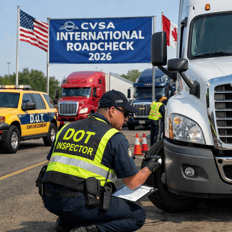 A DOT inspector performing a Level I inspection on a semi-truck during the 2026 CVSA International Roadcheck