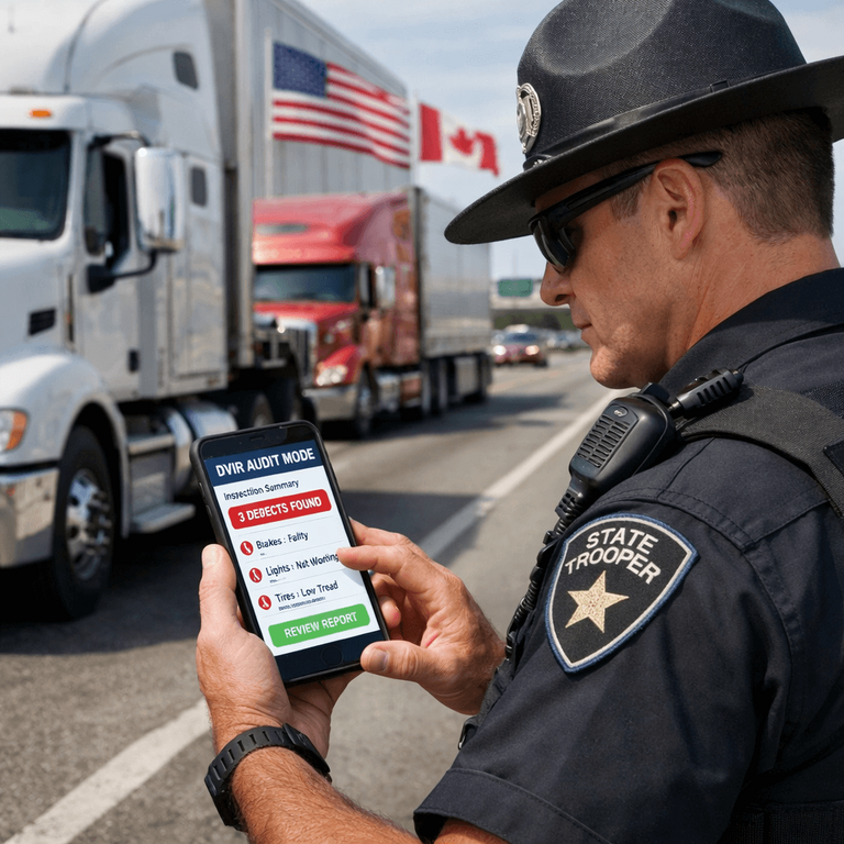 A highway patrol officer reviewing truck compliance data on a smartphone using the digital audit mode of a DVIR software