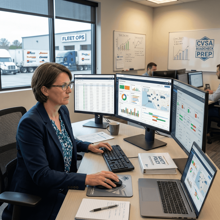 A fleet safety manager using a cloud dashboard to audit ELD data and electronic DVIR reports ahead of CVSA Roadcheck