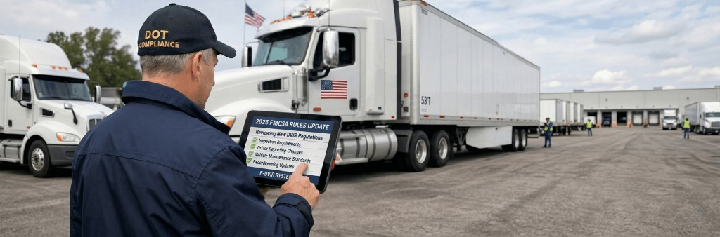 A DOT compliance officer reviewing new 2026 FMCSA rules on an electronic DVIR system tablet next to a heavy duty truck