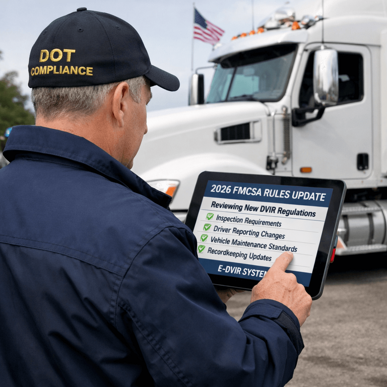 A DOT compliance officer reviewing new 2026 FMCSA rules on an electronic DVIR system tablet next to a heavy duty truck
