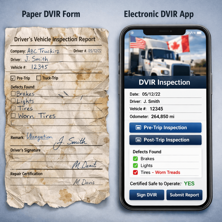 A side-by-side comparison of a ruined paper DVIR form and a clean electronic DVIR app interface under new FMCSA mandates