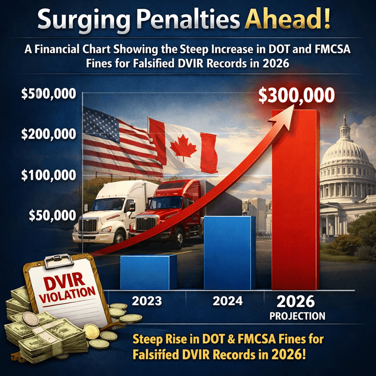 A financial chart showing the steep increase in DOT and FMCSA fines for falsified DVIR records in 2026