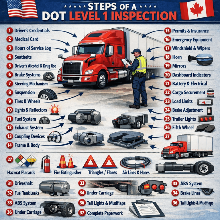 Diagram showing the 37 steps of a DOT Level 1 inspection for heavy duty trucks