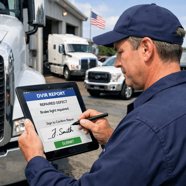 A fleet mechanic using a tablet to securely sign off on a repaired defect in an electronic DVIR system under FMCSA 396.11