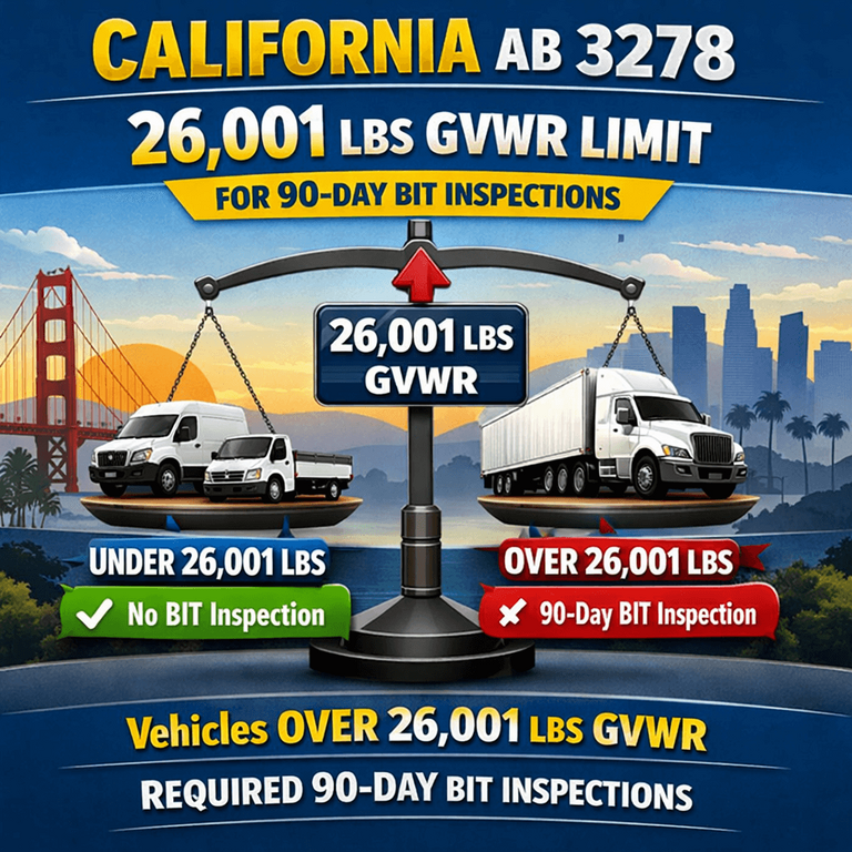 A visual graphic comparing the 26,001 lbs GVWR weight limit established by California AB 3278 for 90-day BIT inspections