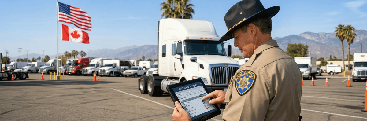 A California Highway Patrol officer reviewing digital BIT inspection records on a tablet next to a commercial fleet yard