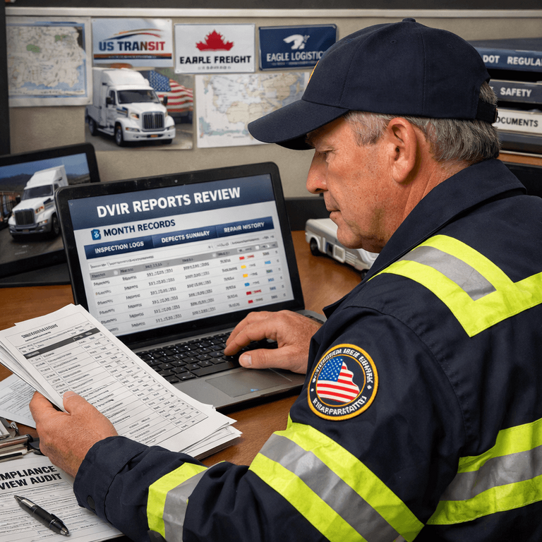 A DOT inspector reviewing three months of electronic DVIR records during a compliance review audit