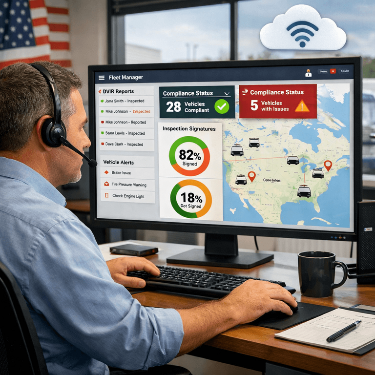 A fleet manager using a cloud-based dashboard to track electronic DVIR signatures and vehicle compliance status